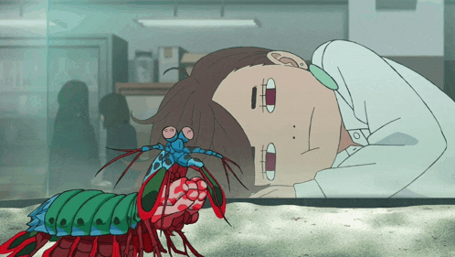 a cartoon drawing of a man looking at a colorful bug