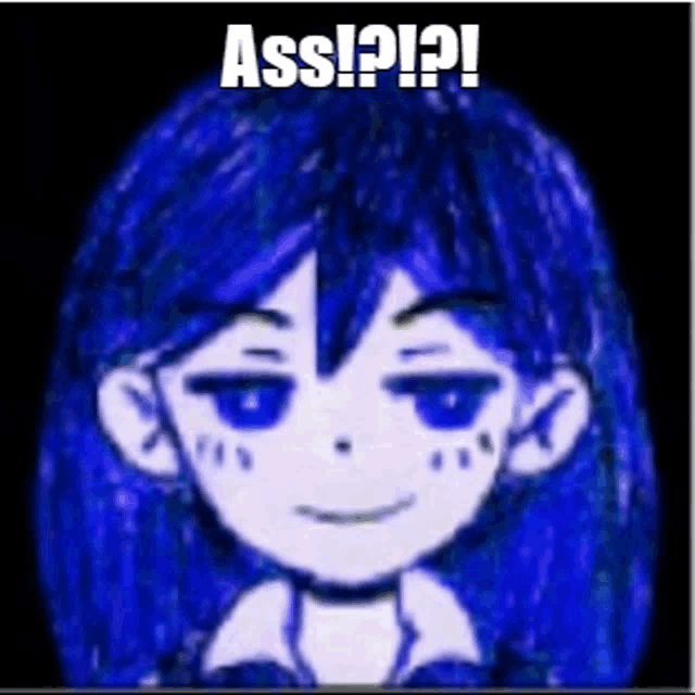 a drawing of a girl with blue hair and the words ass