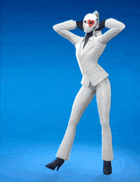 a woman in a white suit has a mask on her face