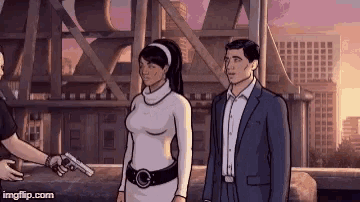 a man in a suit is handing a gun to a woman in a white dress