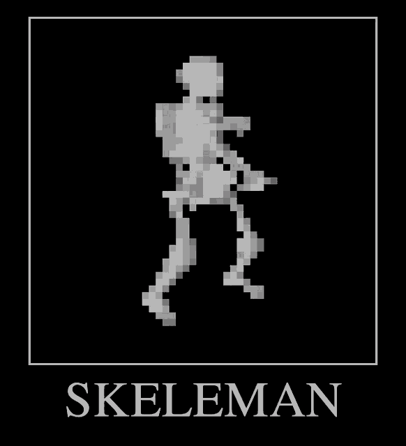 a black poster with a pixelated skeleton and the word skeleton below it