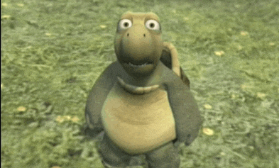 a cartoon turtle is standing in the grass with a surprised look on his face