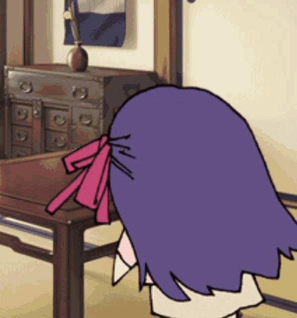 a cartoon character with purple hair and a pink bow