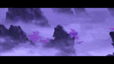 a painting of purple mountains with purple flowers in the foreground