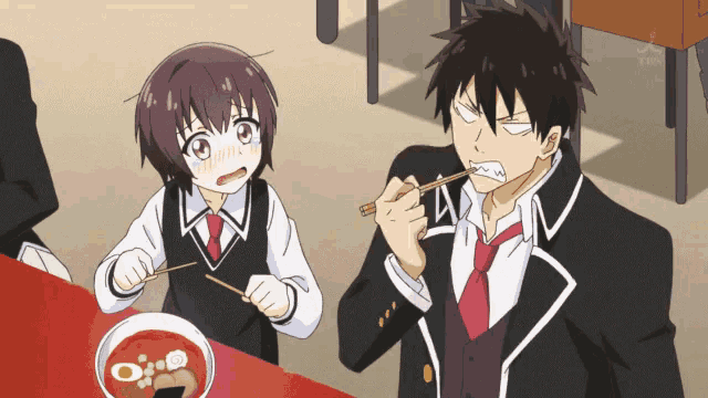 a man and a girl are sitting at a table eating food with chopsticks