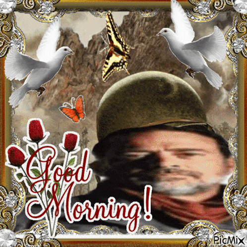 a picture of a man in a helmet with the words " good morning " on it