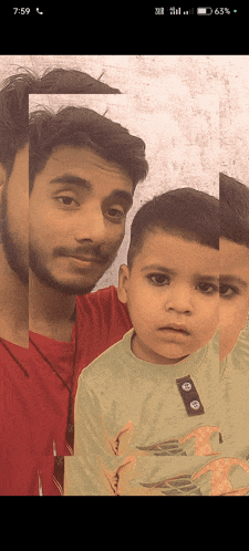 a phone screen shows a man holding a child with the time of 7:59