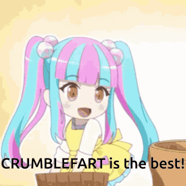 a girl with pink and blue hair is holding a bucket with the words crumblefart is the best below her