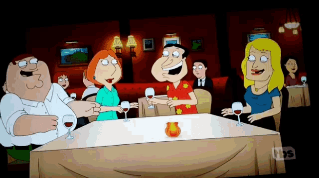 a group of cartoon characters sitting around a table with wine glasses