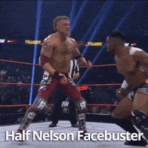 two men are wrestling in a wrestling ring with the words half nelson facebuster on the bottom .