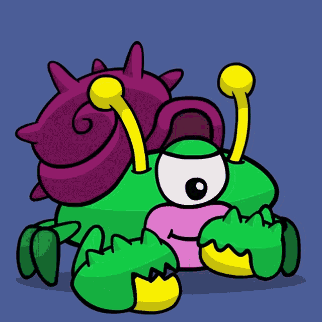 a cartoon drawing of a green monster with a purple shell on his head