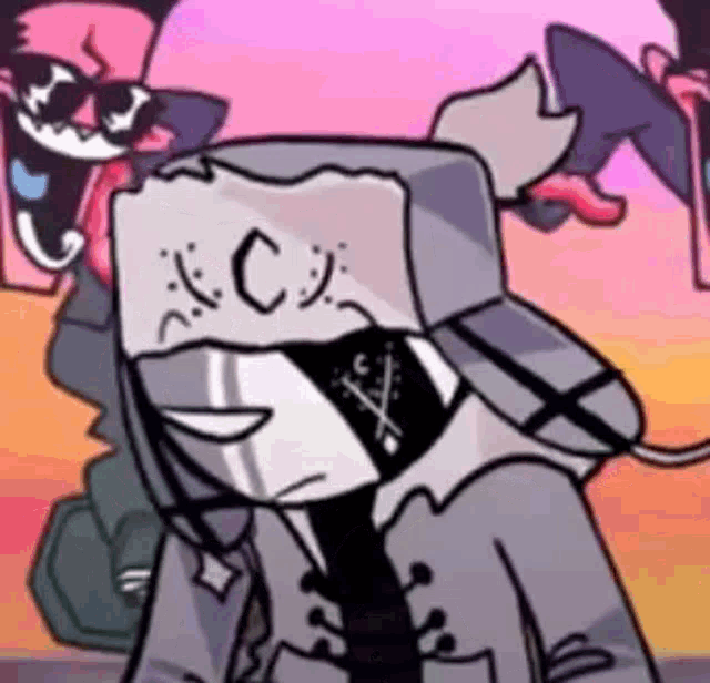 a close up of a cartoon character wearing a hat and a suit .