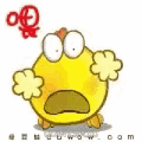 a cartoon chicken with a surprised look on its face and a flower in its mouth .