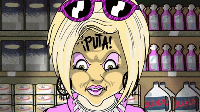 a cartoon of a woman with the word puta written on her forehead