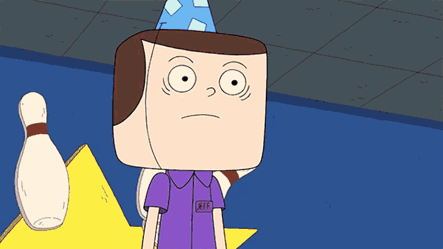 a cartoon character with the name jeff on his shirt is standing next to a bowling pin