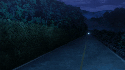 a car is driving down a dark road with trees on both sides