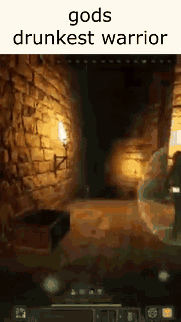 a screenshot of a video game with the words `` gods drunkest warrior '' written on the bottom .