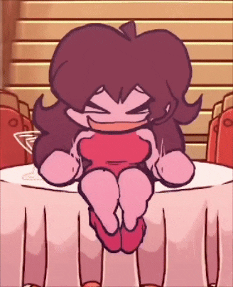 a cartoon girl is sitting at a table with her legs crossed and laughing .