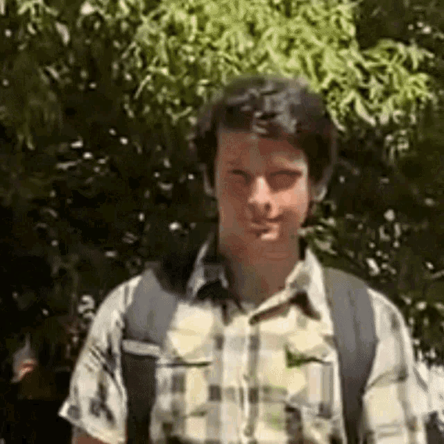a young man wearing a plaid shirt and carrying a backpack is standing in front of trees .