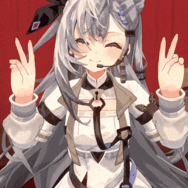 a girl with gray hair and a microphone on her head giving a peace sign