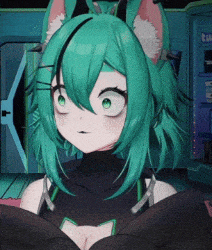 a girl with green hair and cat ears is looking at something