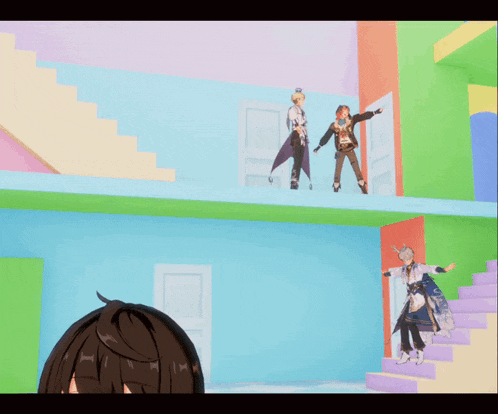 a group of anime characters are standing in a colorful room with stairs