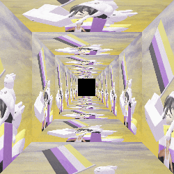 a computer generated image of a hallway with purple and yellow walls