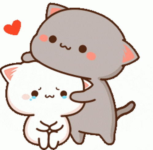 a cartoon cat is hugging another cat with a heart in the background