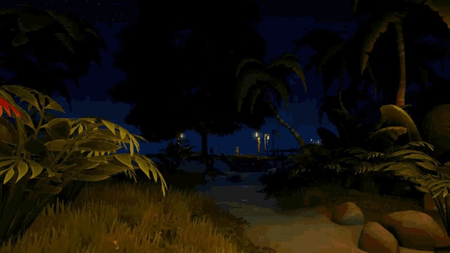 a video game scene with a boat in the distance