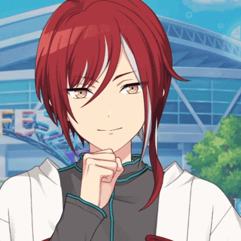 a red haired anime character stands in front of a building with the word fes on it