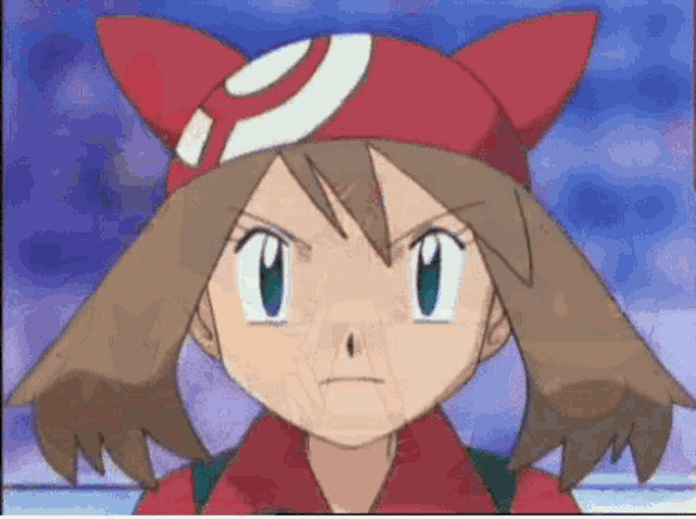 may from pokemon is wearing a red hat with ears and a backpack .