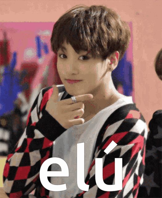 a young man wearing a checkered sweater has the word elu written in white