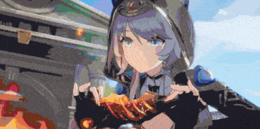 a girl with a hood on is holding a piece of food in her hands