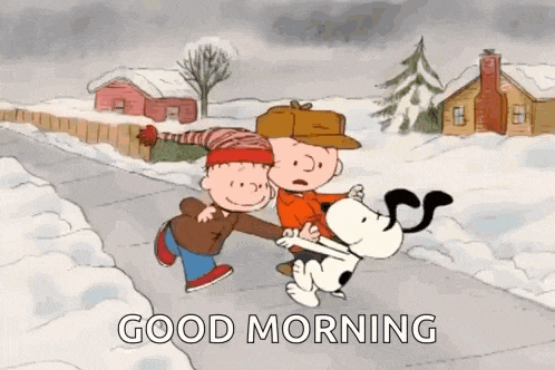 a cartoon of snoopy , charlie brown , and a dog walking down a snowy road .