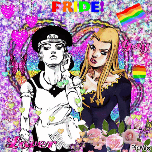 a picture of a man and a woman with the word pride in red letters