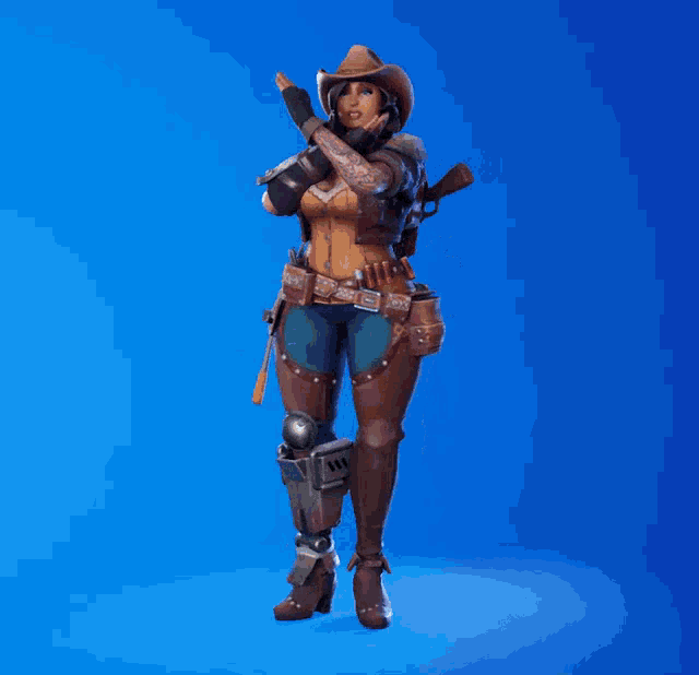 a woman in a cowboy outfit is flying through the air