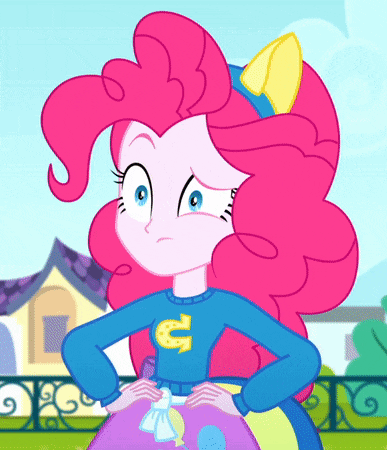 pinkie pie from my little pony is wearing a blue sweater with a horseshoe on it