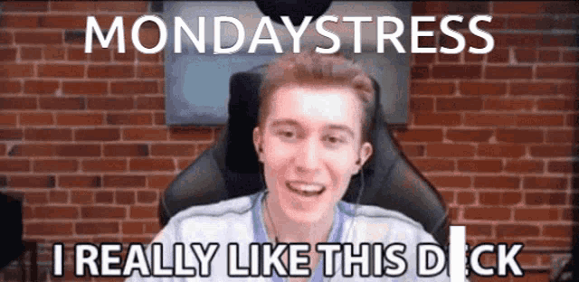 a man is sitting in front of a brick wall with the words mondaystress i really like this dick