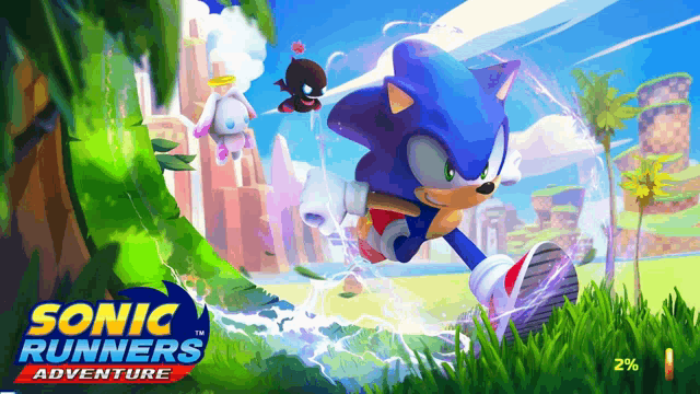 a loading screen for sonic runners adventure shows sonic running through the grass