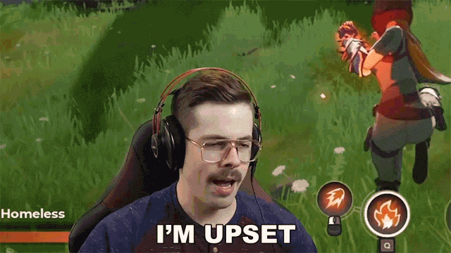 a man wearing headphones is saying i 'm upset