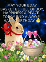 a birthday card with a bunny and a basket of eggs