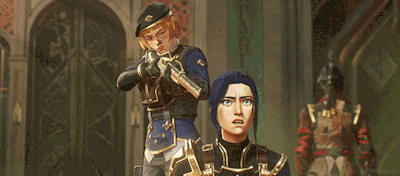 a woman with a gun is standing next to a man with a sword .