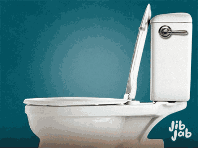a white toilet with the lid open and jib jab written on it