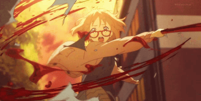 a tokyo mx logo can be seen in the background of a bloody scene