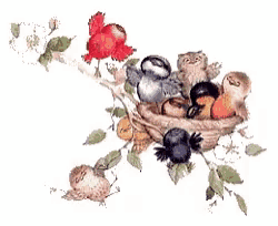 a painting of birds sitting in a nest with flowers