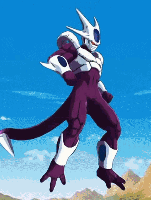 a cartoon character in a purple and white suit is flying through the air