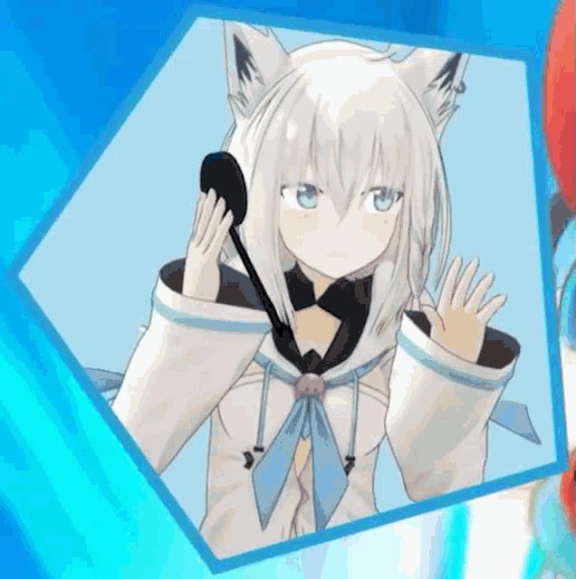 a white haired anime girl with a microphone on her head