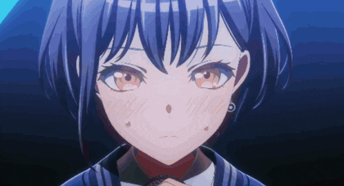 a close up of a girl with blue hair