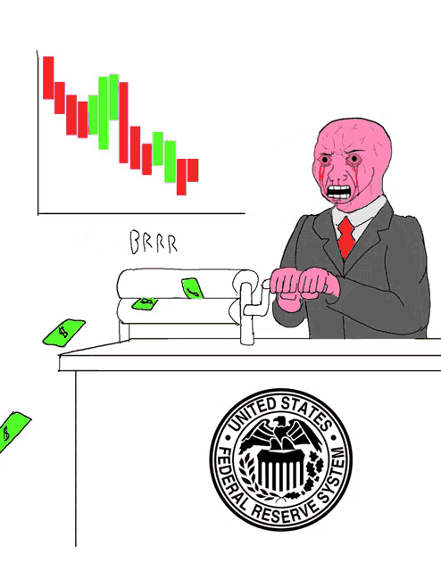 a cartoon of a man behind a desk with the united states federal reserve system logo