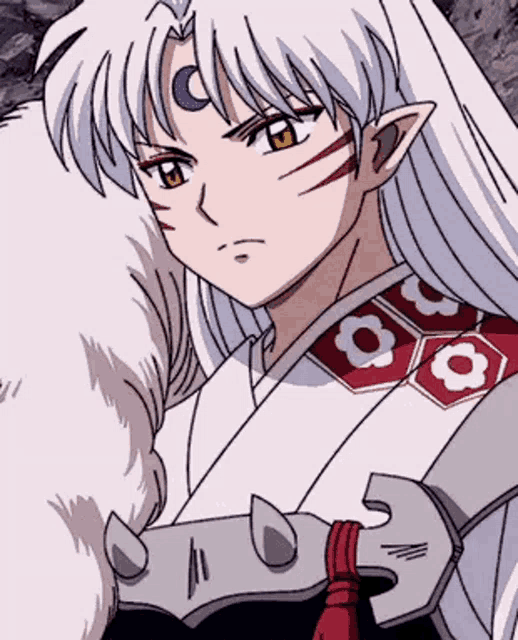 a close up of a anime character with long white hair and a sword .